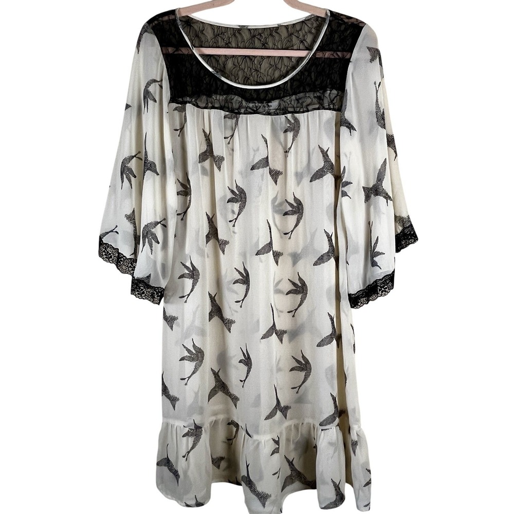 NWT Black Rainn Women's Bird Print Lace Tunic Dress Black Cream Size M Bohemian